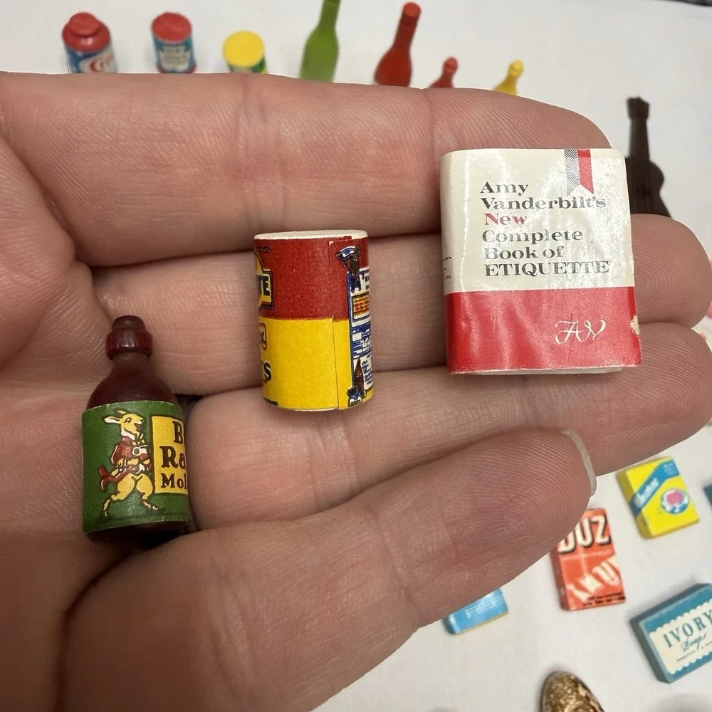 Vintage dollhouse lot miniature‎ kitchen food books his/her towels plates wallet